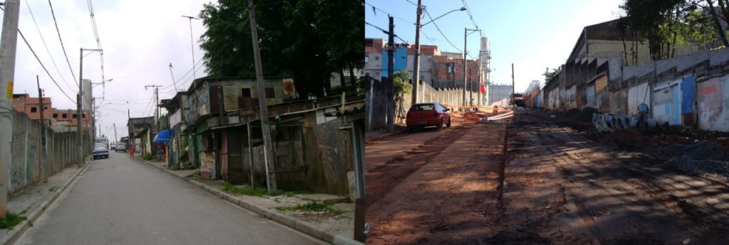 Local antes do início das obras, em 2010, e após a demolição dos barracos para o início das obras, em 2013: pouco espaço disponível