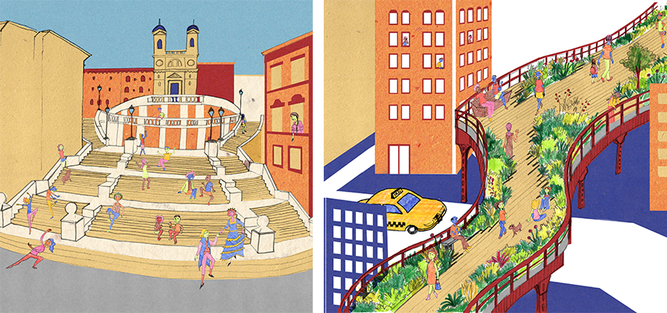 "Uma escadaria pode ser espaço de encontro? Por que não? Vamos conhecer a história da Escadaria da Praça de Espanha, em Roma, para entender as mudanças na cidade e como a população se apropria do espaço público. E à direita, o High Line, em Nova York, mostrando a cidade que passa por transformações", convidam as autoras 